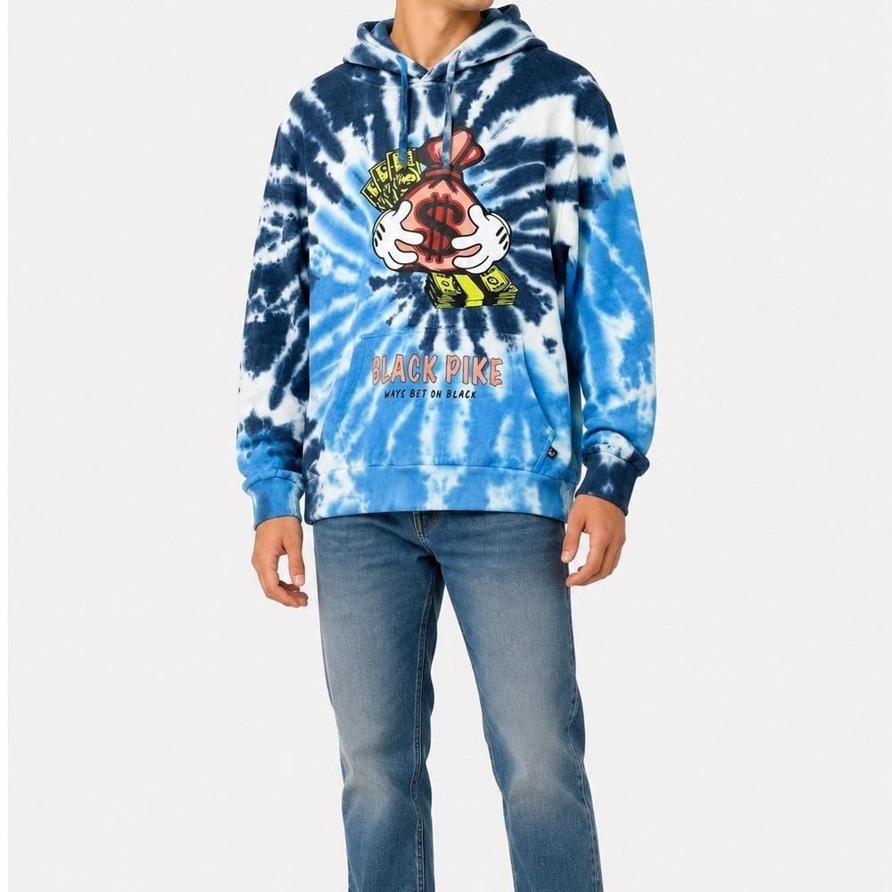 Black Pike Tie Dye Hoodie Mens Size L Blue White (Always Bet on Black) Pullover